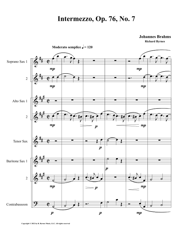 Intermezzo, Op. 76, No. 7 (Saxophone Septet + Contrabassoon) (arr. Richard Byrnes)