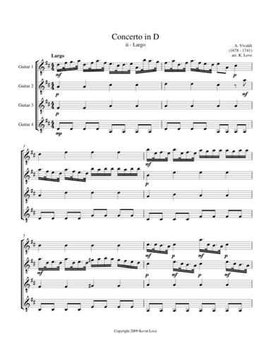 Concerto in D - ii - Largo (Guitar Quartet) - Score and Parts (arr. Kevin Love)