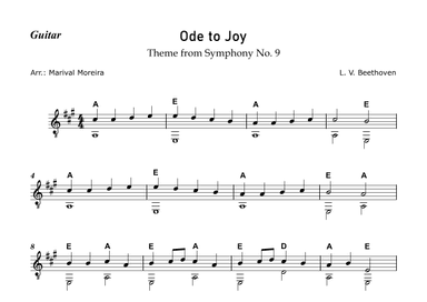 Ode to Joy - Beethoven (Beginner guitar) - Score and Chords (arr. Marival Moreira)