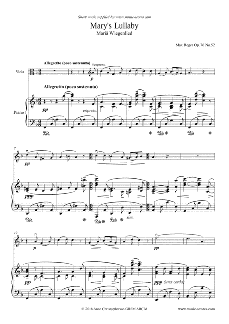Mary's Lullaby, or Maria Wiegenlied - Viola and Piano (arr. Anne L Christopherson GRSM ARCM)