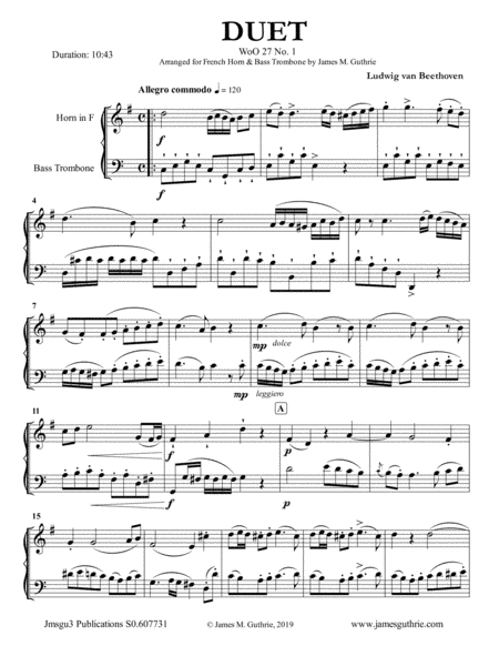 Beethoven: Three Duets WoO 27 for French Horn & Bass Trombone (arr. James M. Guthrie, ASCAP)