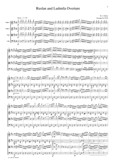 Grinka  Ruslan and Ludmila Overture, for string quartet, CG101 (arr. FCMUSIC)