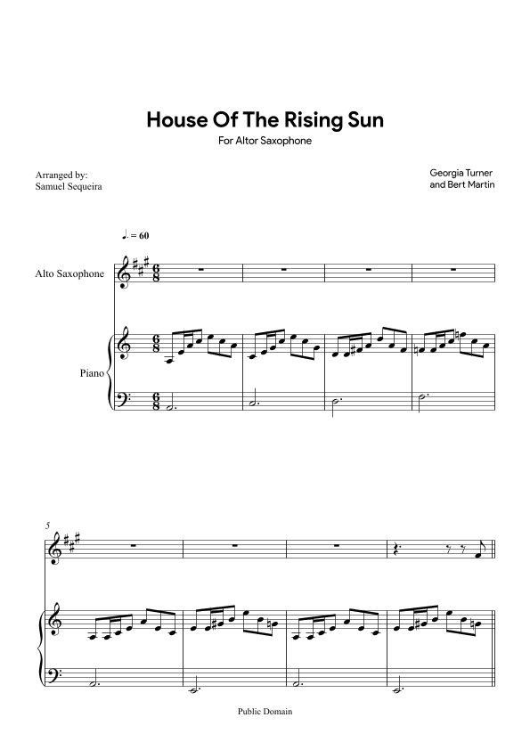 House of the Rising Sun - for Alto Saxophone - with play along (arr. Samuel Sequeira)