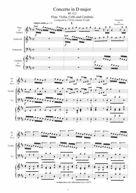 Vivaldi - Concerto in D major RV 512 for Flute, Violin, Cello and Cembalo (or Piano) (arr. Santino Cara)