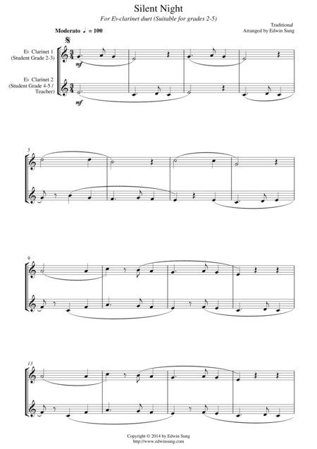 Silent Night (for Eb-clarinet duet, suitable for grades 2-5) (arr. Edwin Sung)