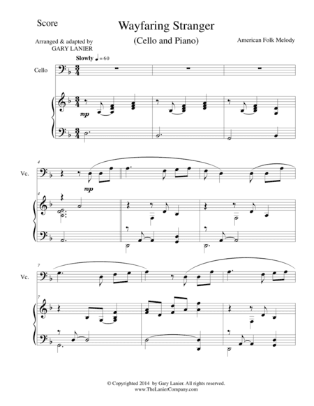 WAYFARING STRANGER (Cello/Piano and Cello Part) (arr. Gary Lanier)