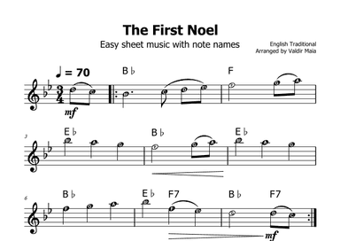 The First Noel - (Bb Major - with note names) (arr. Valdir Maia)