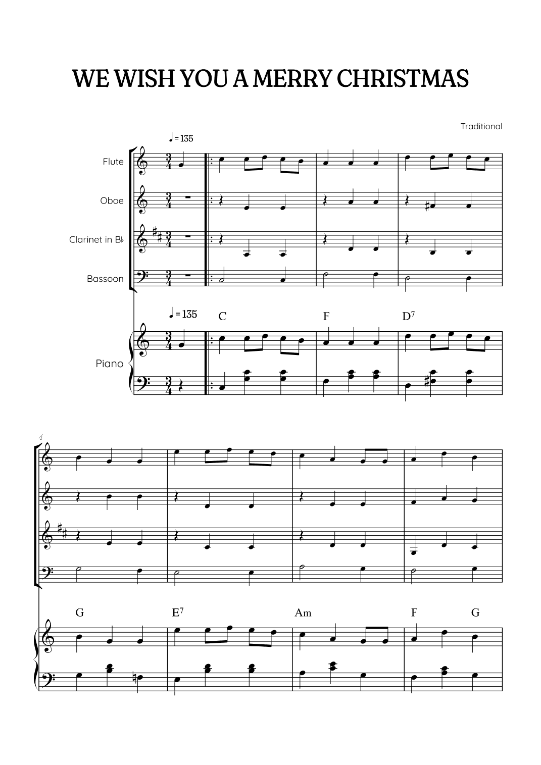 We Wish You a Merry Christmas for Woodwind Quartet & Piano • easy Christmas sheet music w/ chords (arr. Benzaiten Editions)