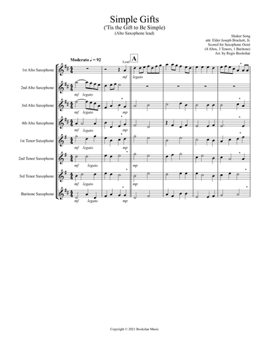 Simple Gifts ('Tis the Gift to Be Simple) (F) (Saxophone Octet - 4 Alto, 3 Tenor, 1 Bari) (Alto lead (arr. Regis Bookshar)