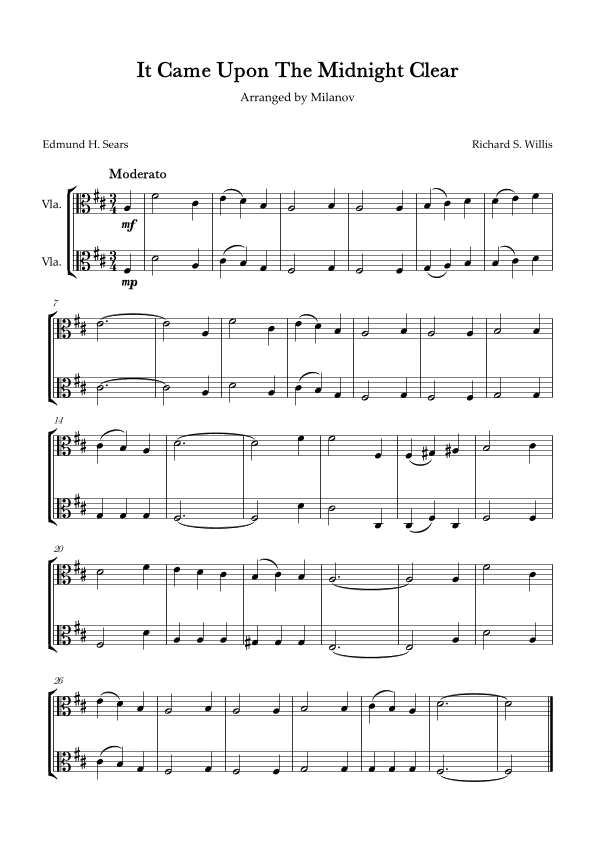 It Came Upon The Midnight Clear Viola Duet in D Melody and accompaniment Easy Intermediate (arr. Milanov)