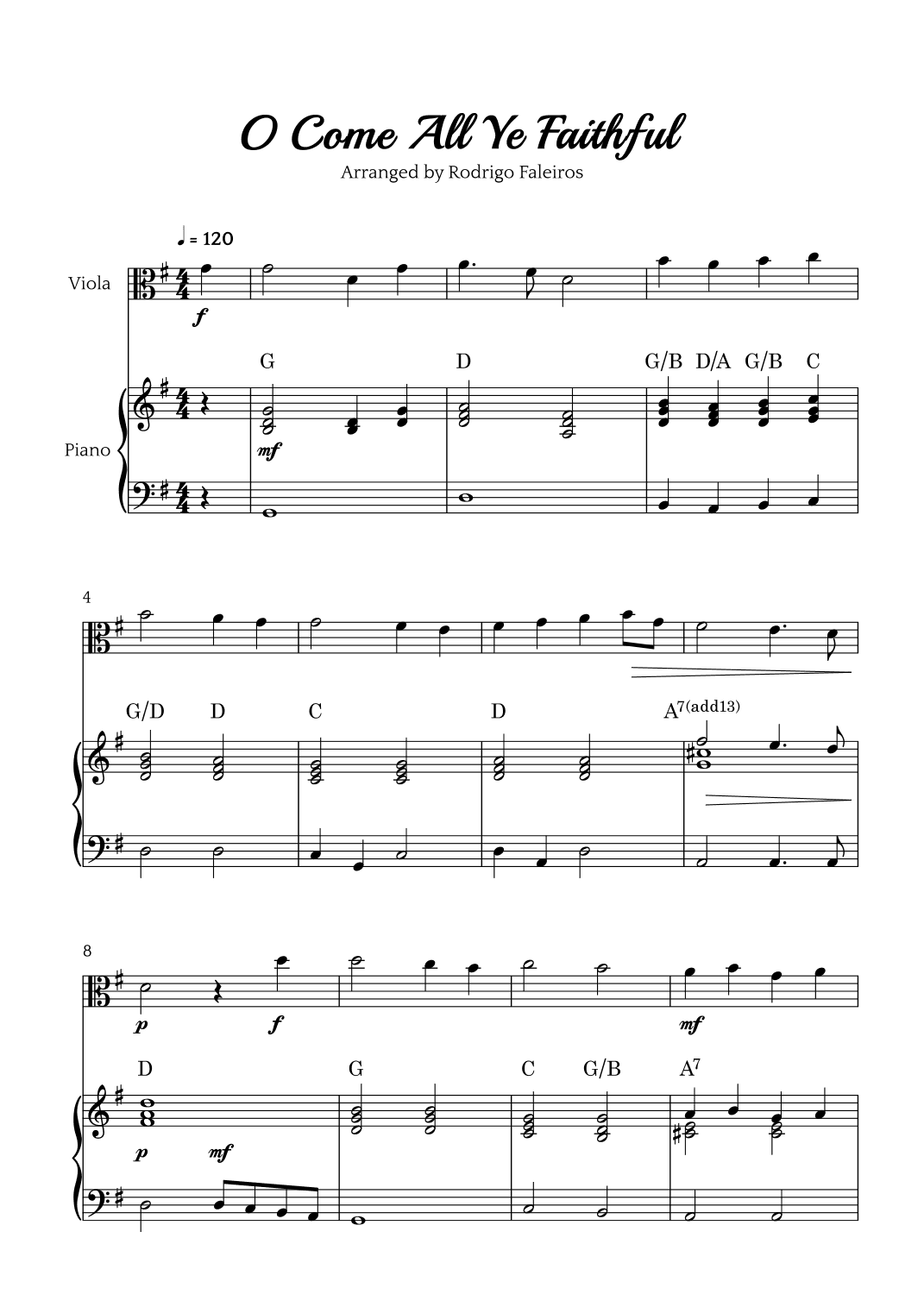 O Come All Ye Faithful (for viola and piano accompaniment) (arr. Rodrigo Faleiros)