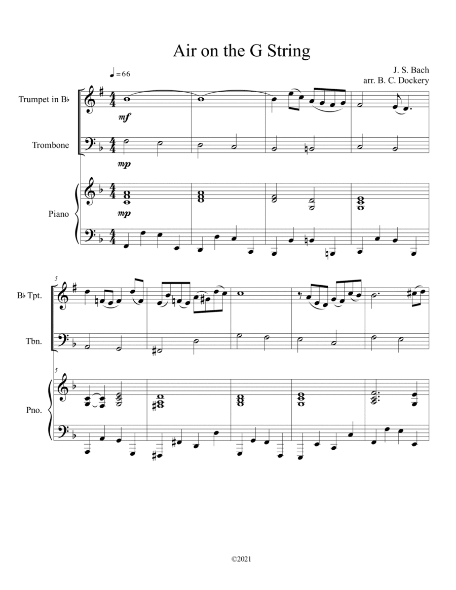 Air on the G String (Trumpet and Trombone Duet) with opt. piano accompaniment (arr. B. C. Dockery)
