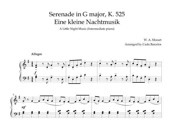 Serenade in G major, K. 525 / Eine kleine Nachtmusik /A Little Night Music -  Intermediate Piano (arr. Cadu Barcelos)