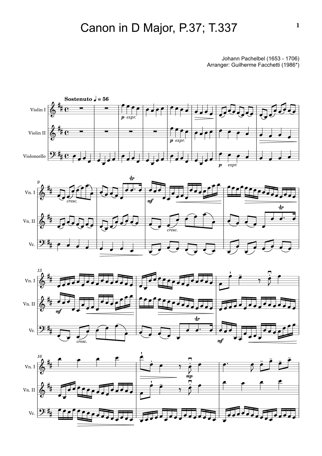 Canon in D Major, P.37; T.337. Arranged for Violin Duet and Violoncello. Score and Parts. (arr. Guilherme Facchetti)