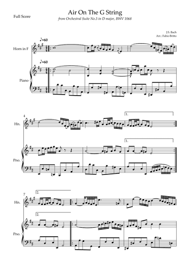 Air On The G String (J.S. Bach) for Horn in F Solo and Piano Accompaniment (arr. Fabio Britto)