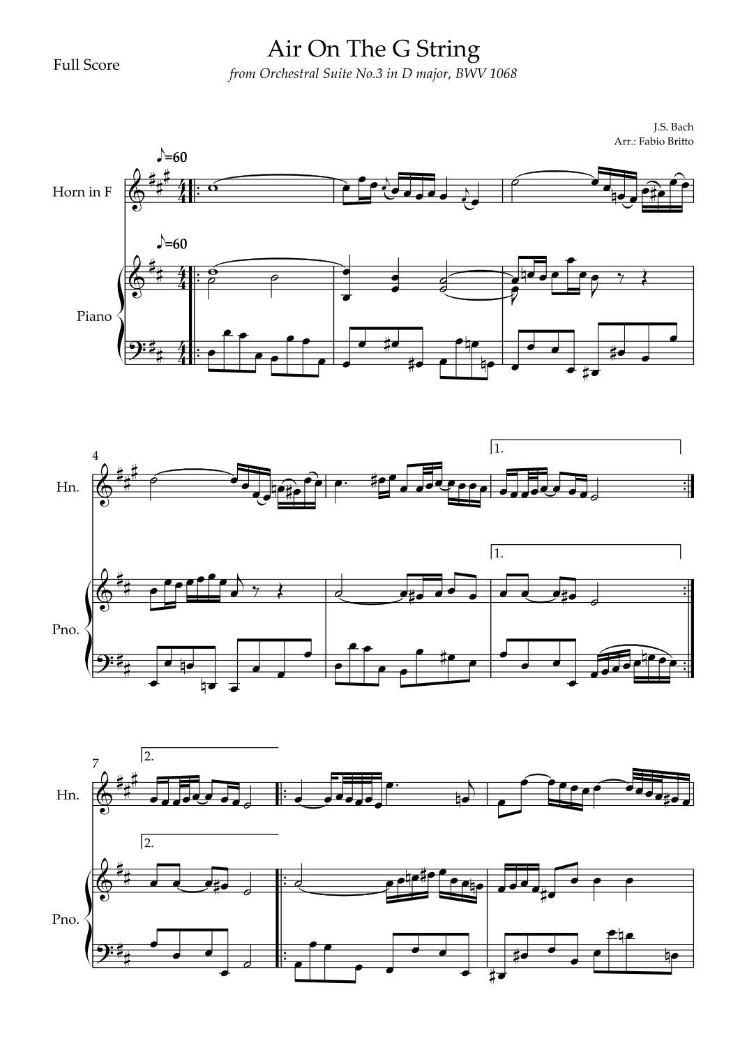 Air On The G String (J.S. Bach) for Horn in F Solo and Piano Accompaniment (arr. Fabio Britto)