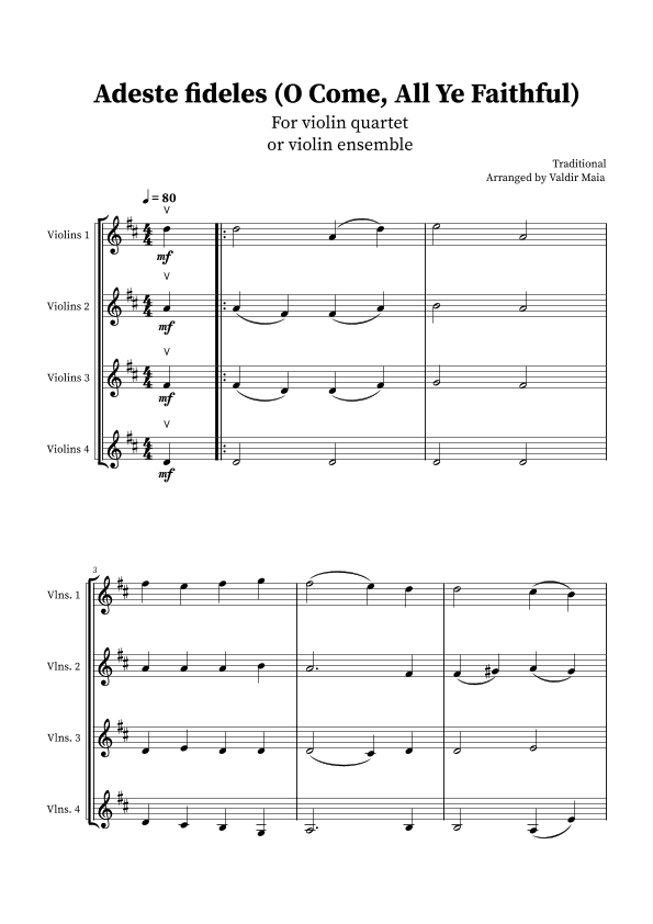 O Come, All Ye Faithful (Adeste Fideles) - Violin Quartet (arr. Valdir Maia)