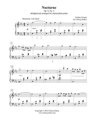 Nocturne, Op. 9, No. 2 - intermediate piano (arr. Chrissy Ricker)