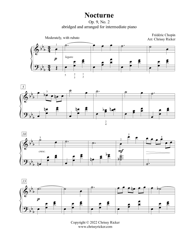 Nocturne, Op. 9, No. 2 - intermediate piano (arr. Chrissy Ricker)