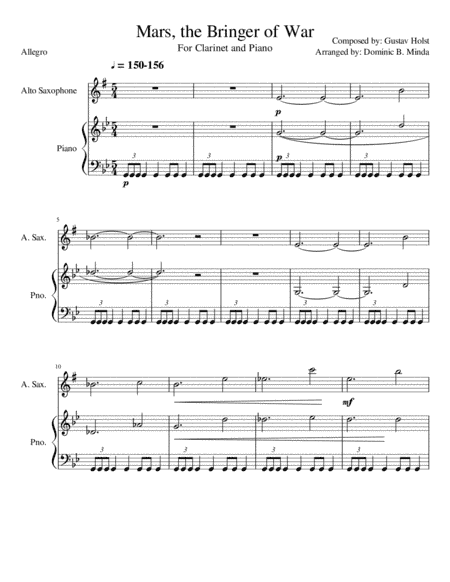 Mars from the planets suite for clarinet and piano (arr. Dominic B. Minda)
