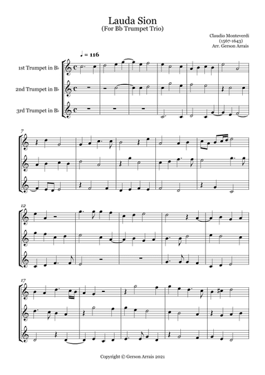 Lauda Sion - Claudio Monteverdi, for  Bb Trumpet Trio - Score and Parts (arr. Gerson Arrais)