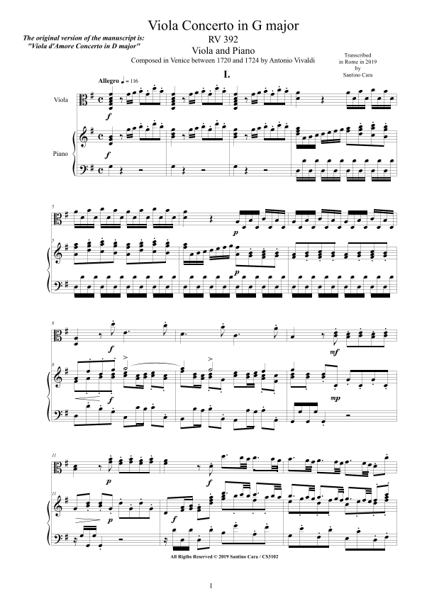 Vivaldi - Viola Concerto in G major RV392 for Viola  and Piano (arr. Santino Cara)