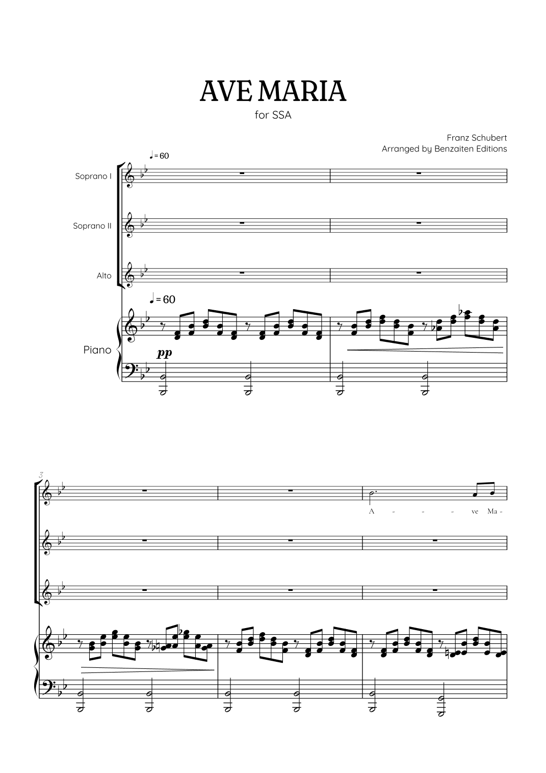 Schubert Ave Maria • SSA choir sheet music with piano accompaniment (arr. Benzaiten Editions)