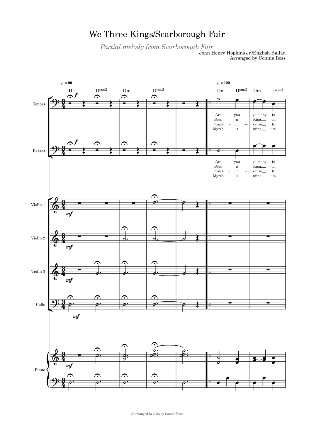 We Three Kings/Scarborough Fair combo TB duet strings and piano (arr. Connie Boss)