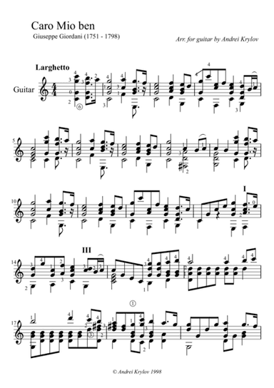 aria Caro Mio Ben by Tommaso Giordani, arranged for classical guitar by Andrei Krylov (arr. Andrei Krylov)