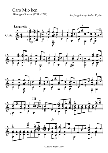 aria Caro Mio Ben by Tommaso Giordani, arranged for classical guitar by Andrei Krylov (arr. Andrei Krylov)