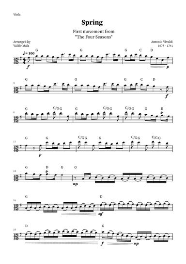 Spring - The Four Seasons for Viola Solo (G Major with chords) (arr. Valdir Maia)