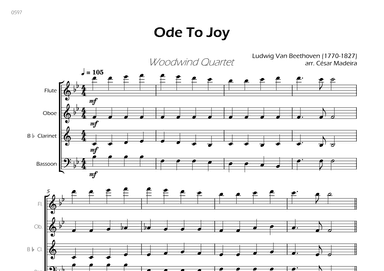 Ode To Joy - Easy Woodwind Quartet (Full Score) - Score Only (arr. César Madeira)