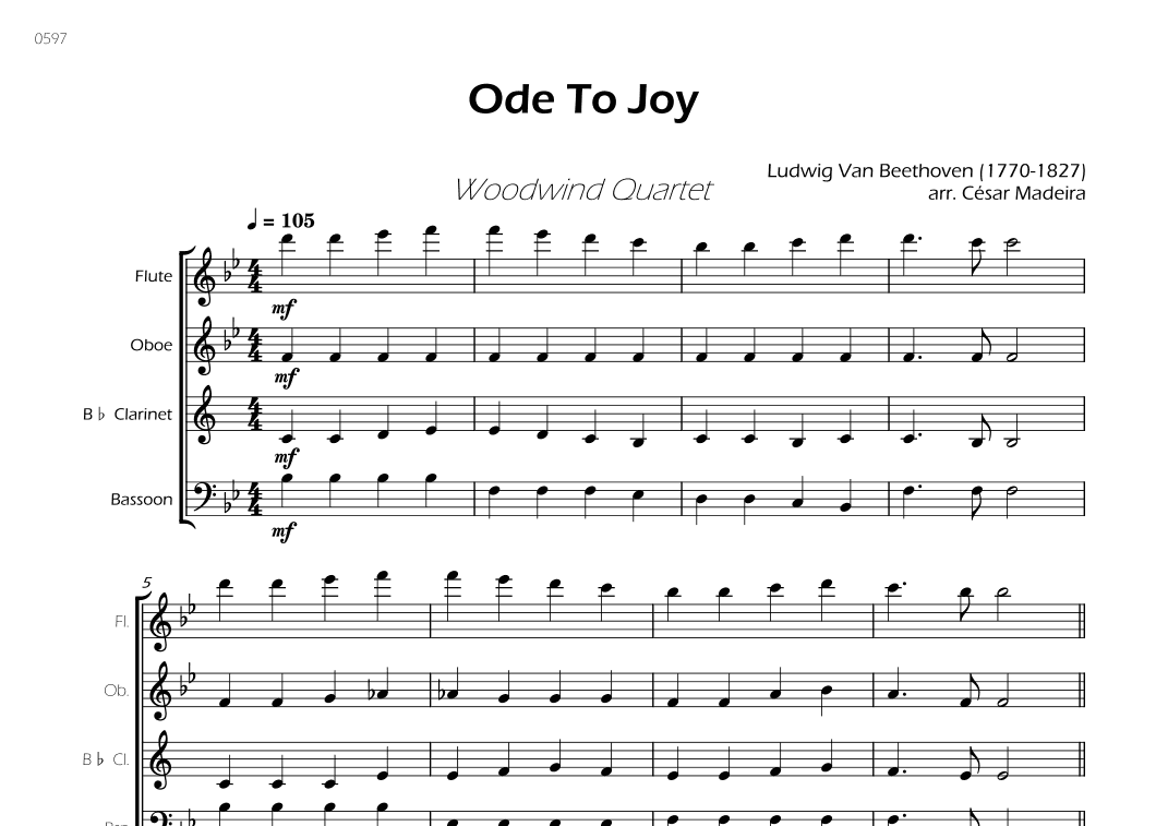 Ode To Joy - Easy Woodwind Quartet (Full Score) - Score Only (arr. César Madeira)