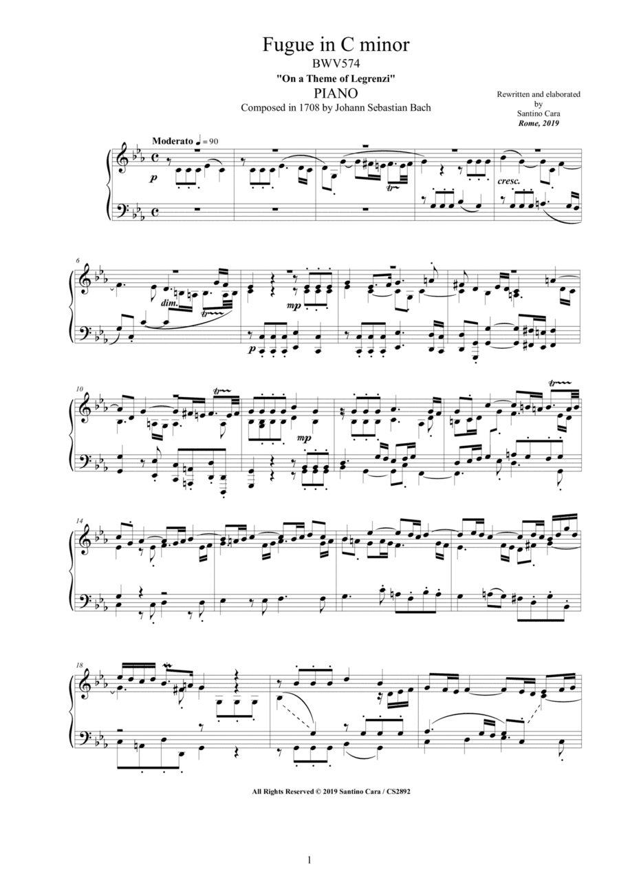 Bach - Fugue in C minor BWV 574 for Piano (arr. Santino Cara)