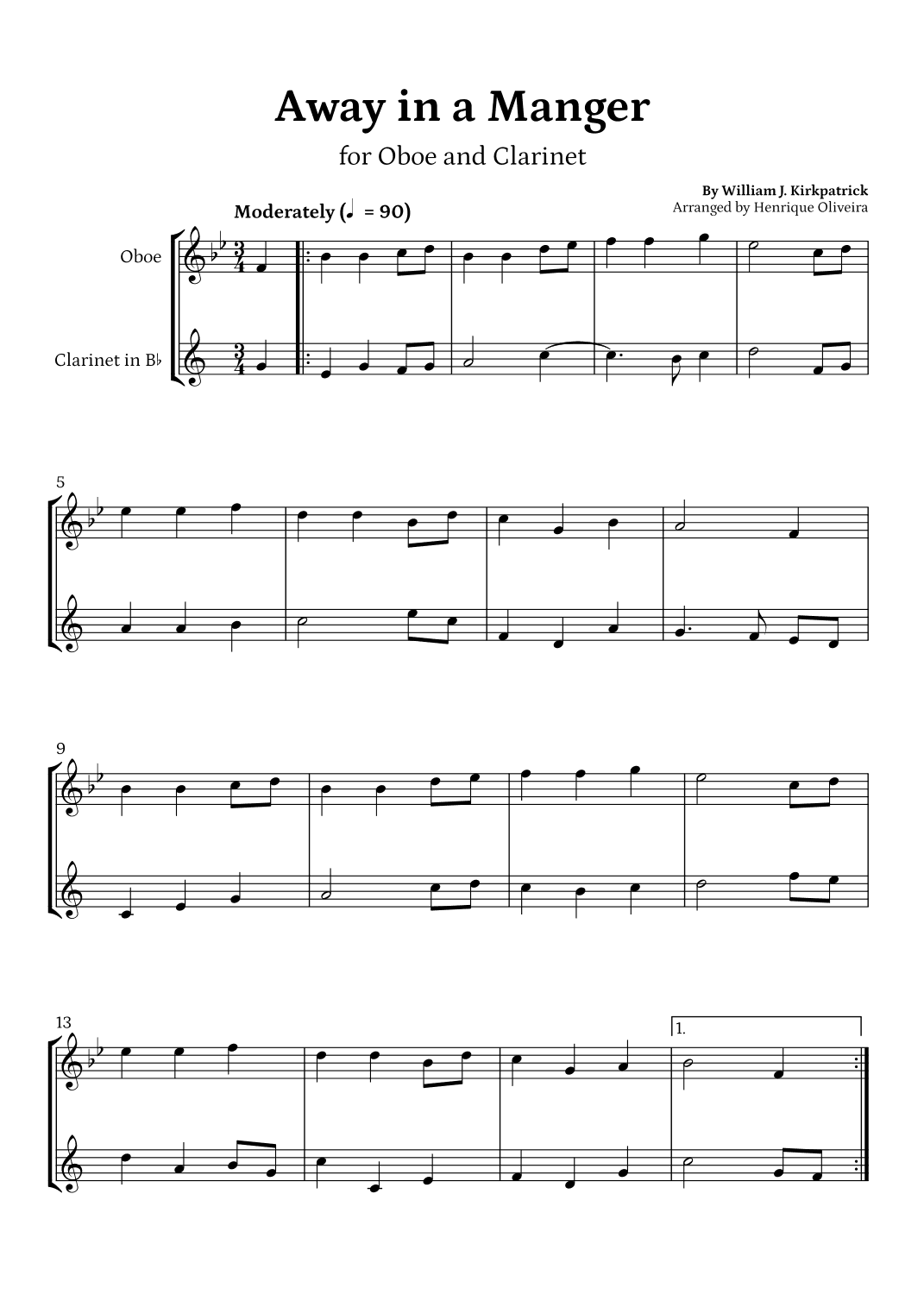 Away in a Manger (Oboe and Clarinet) - Beginner Level (arr. Henrique Oliveira)