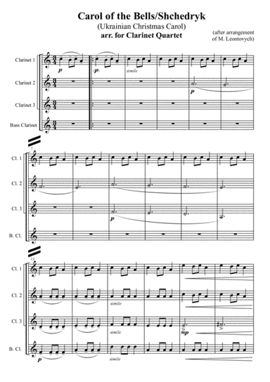 Carol of the Bells/Shchedryk (Ukrainian Christmas Carol), arr. for Clarinet Quartet (arr. M. Leontovych, Xlomeg)