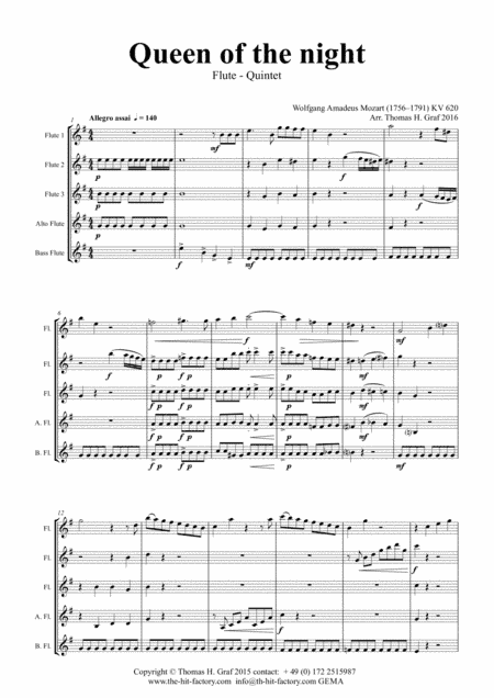 The Magic Flute Queen of the night - KV 620 W.A.Mozart - Flute Quintet - E-Minor (arr. Thomas H. Graf)