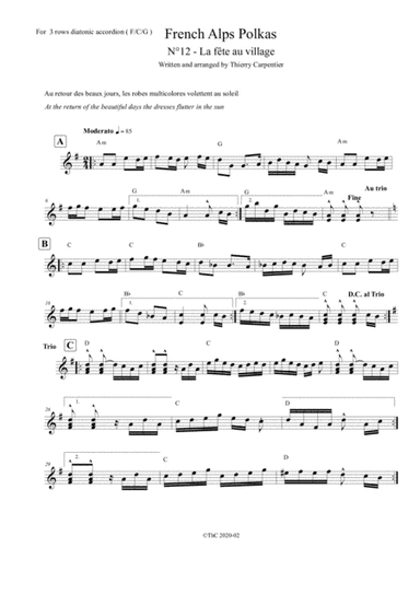 A french fresh polka, for 3 rows diatonic accordion (F-C-G). The last among 12 polkas
