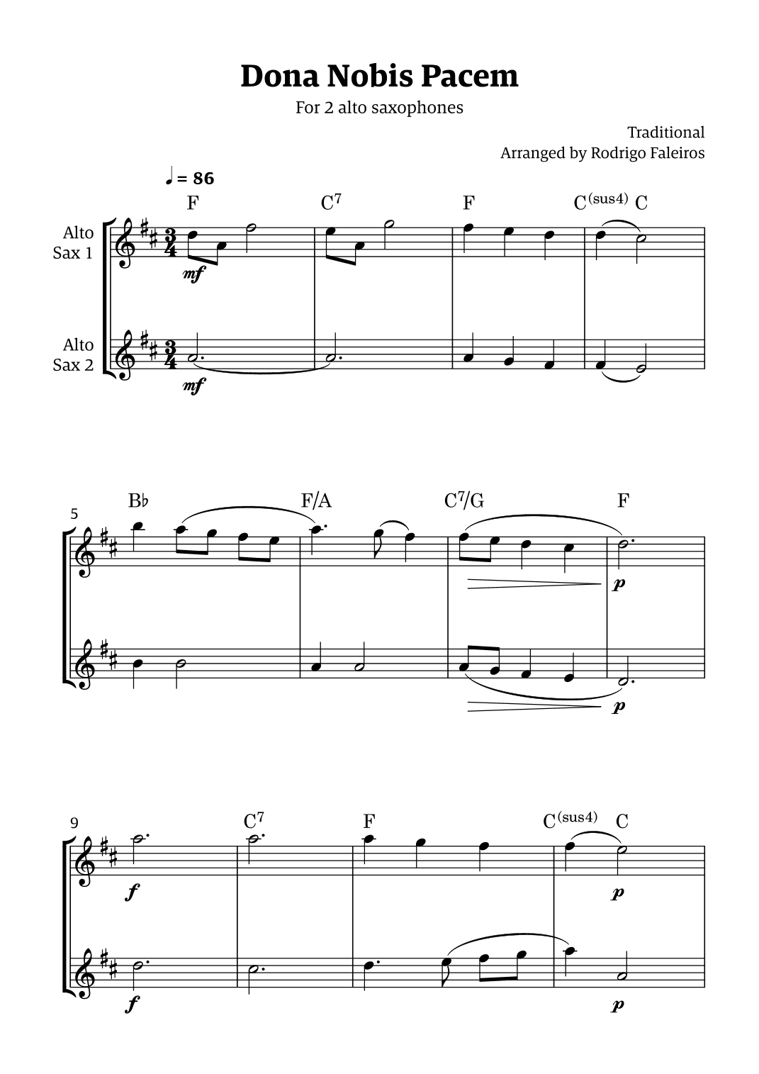 Dona Nobis Pacem - for 2 alto saxophones (with chords) (arr. Rodrigo Faleiros)