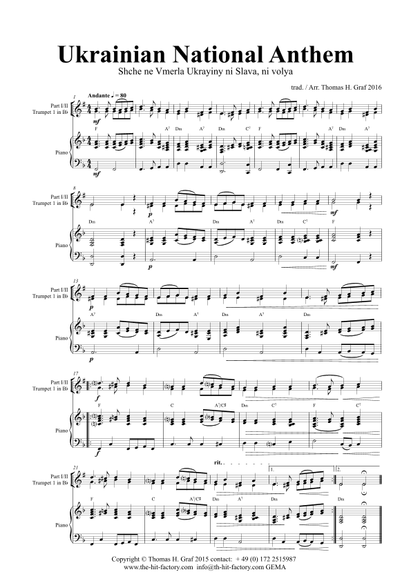 Ukrainian National Anthem - Shche ne Vmerla Ukrayiny ni Slava ni volya - Piano and Trumpet - F (arr. Thomas Graf)