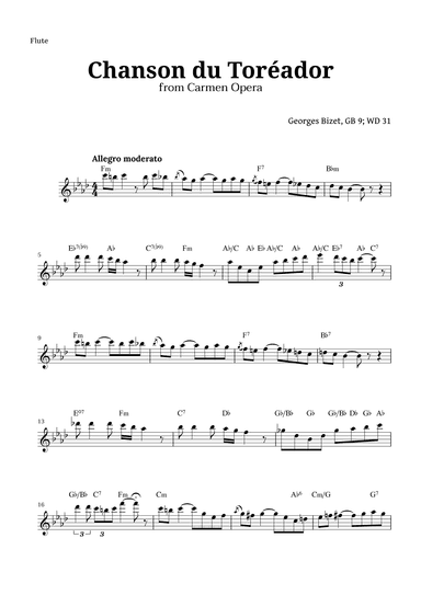 Chanson du Toreador by Bizet for Flute (arr. Langanho)