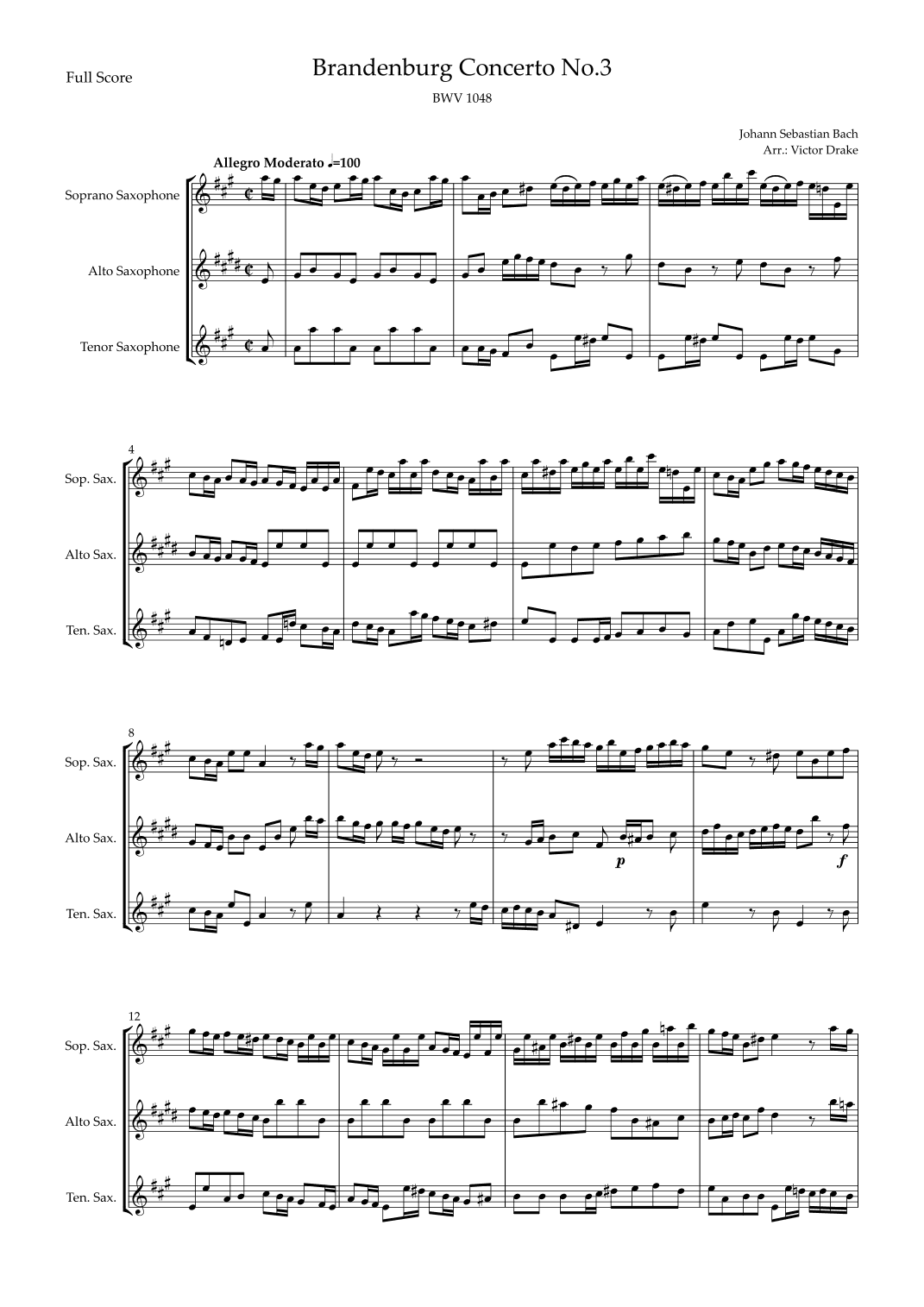 Brandenburg Concerto No. 3 in G major, BWV 1048 1st Mov. (J.S. Bach) for Saxophone Trio (arr. Victor Drake)