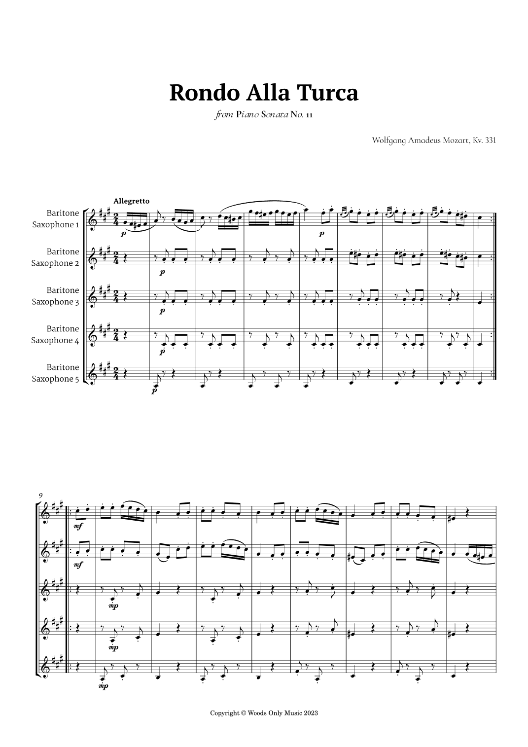 Rondo Alla Turca by Mozart for Baritone Sax Quintet (arr. Ander)