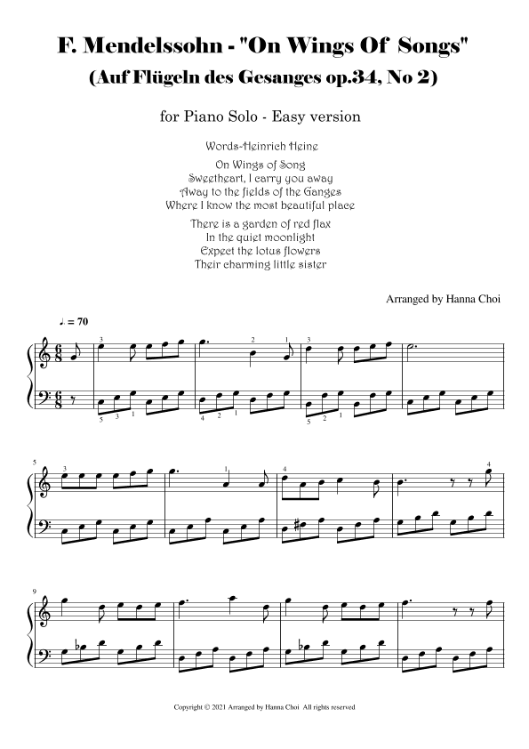 F. Mendelssohn - "On Wings Of Songs" (Auf Flügeln des Gesanges) - for Piano Solo (arr. Hanna Choi)