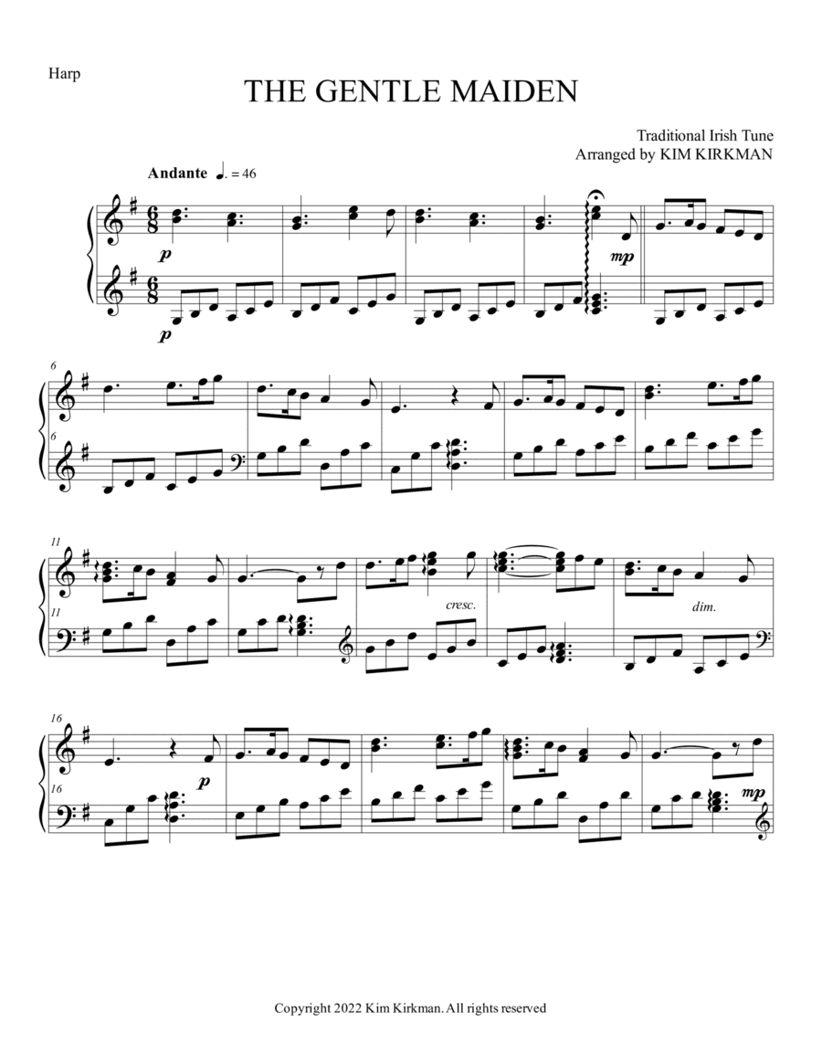 The Gentle Maiden arranged for solo harp in G (no additional lever changes) (arr. Kim Kirkman)