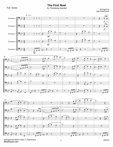 THE FIRST NOEL for TROMBONE QUINTET with optional Percussion (arr. Glen Poehlmann)