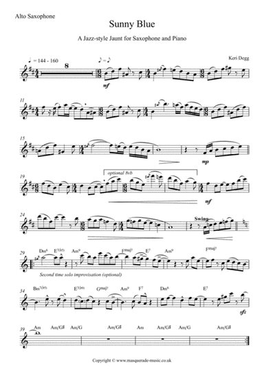 Sunny Blue - A Jazz Style Jaunt for Eb or Bb Saxophone and Piano (improvisation optional, or use sol