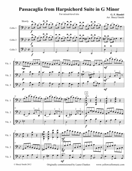 Passacaglia in G Minor, arranged for mixed-level trio (three cellos) (arr. Yellow Cello Music)
