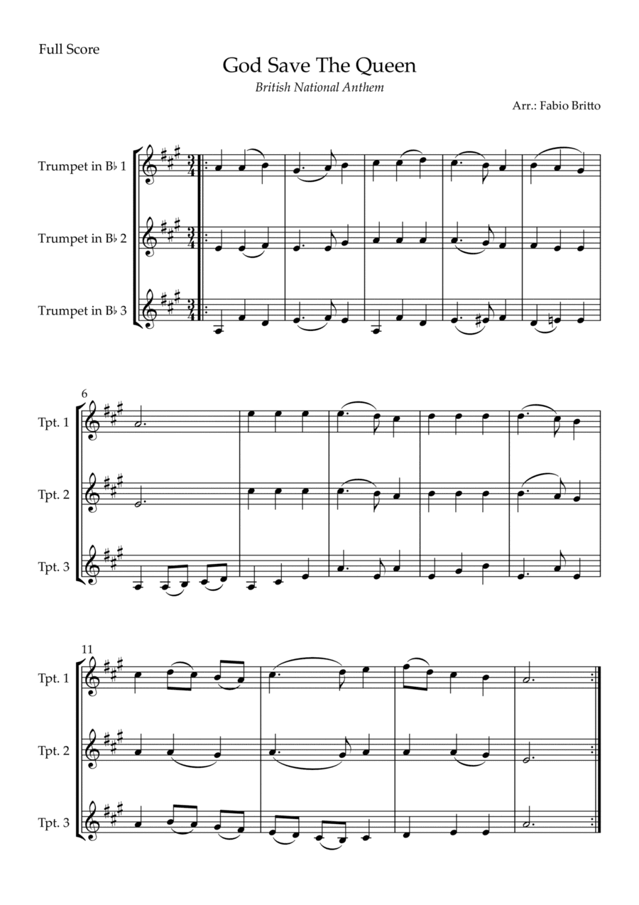 God Save The Queen (British National Anthem) for Trumpet in Bb Trio (arr. Fabio Britto)