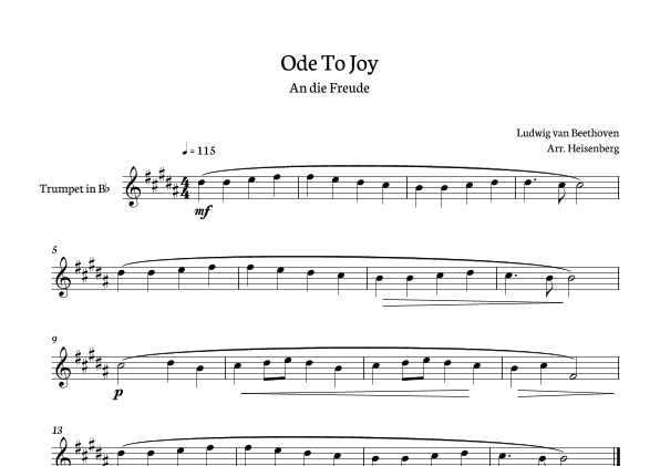 Beethoven - Ode to Joy for trumpet - clean version in A major. (arr. Heisenberg)
